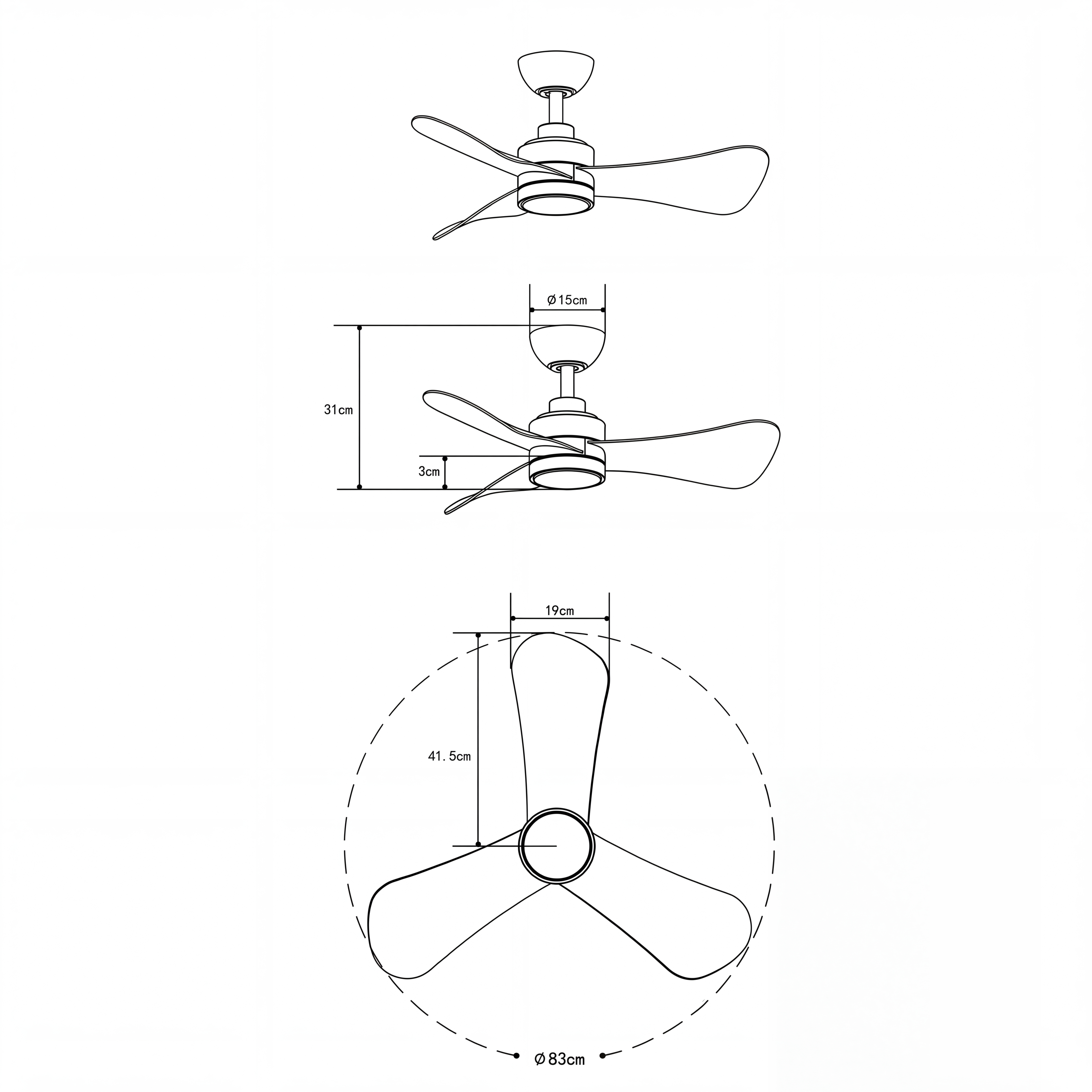 Turqueta 83 cm Ceiling Fan (<8 m²) – 3 ABS Blades with LED Light